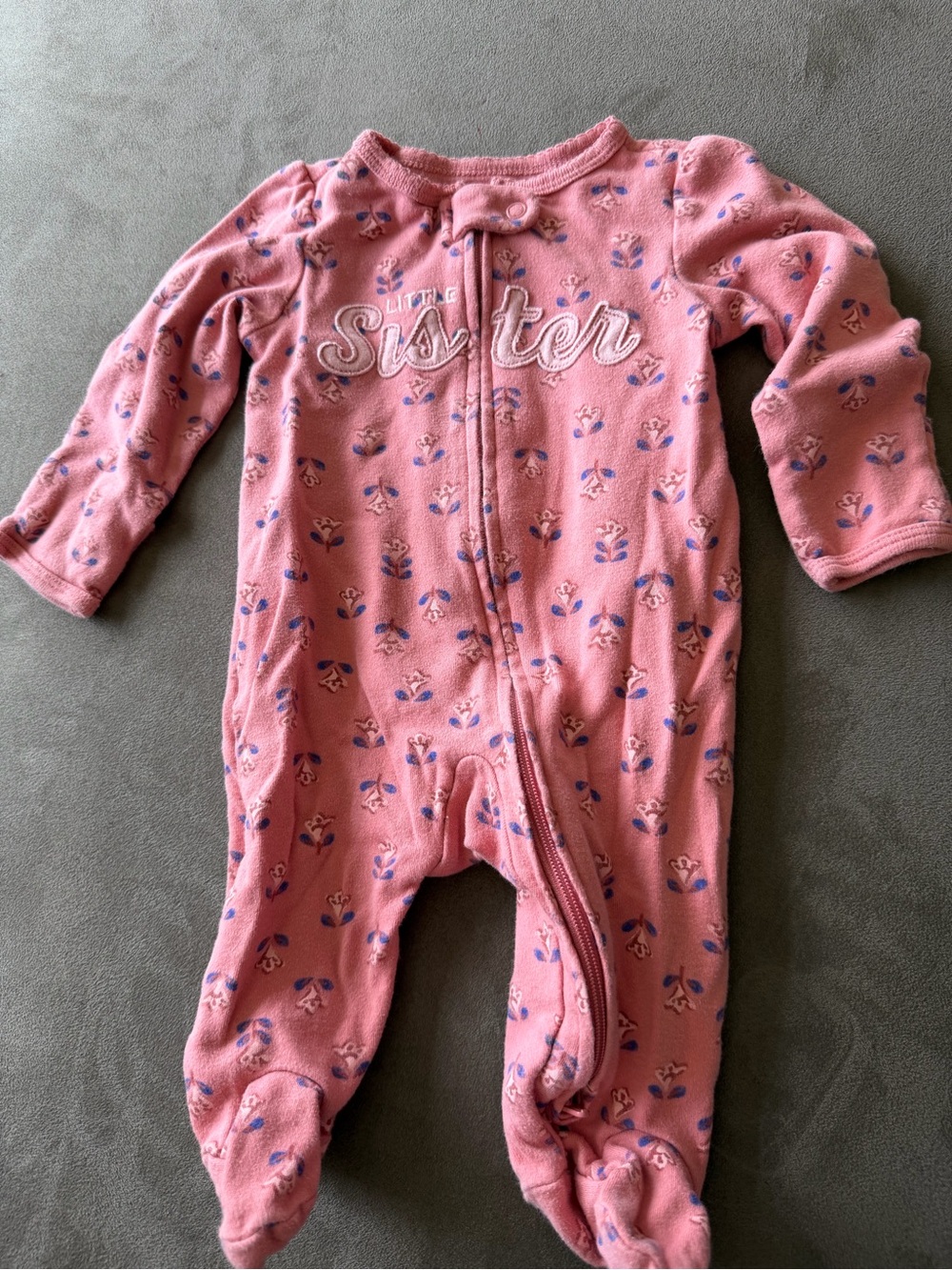 Carters 3m Pink 'Little Sister' Floral Footed One-Piece for Kids